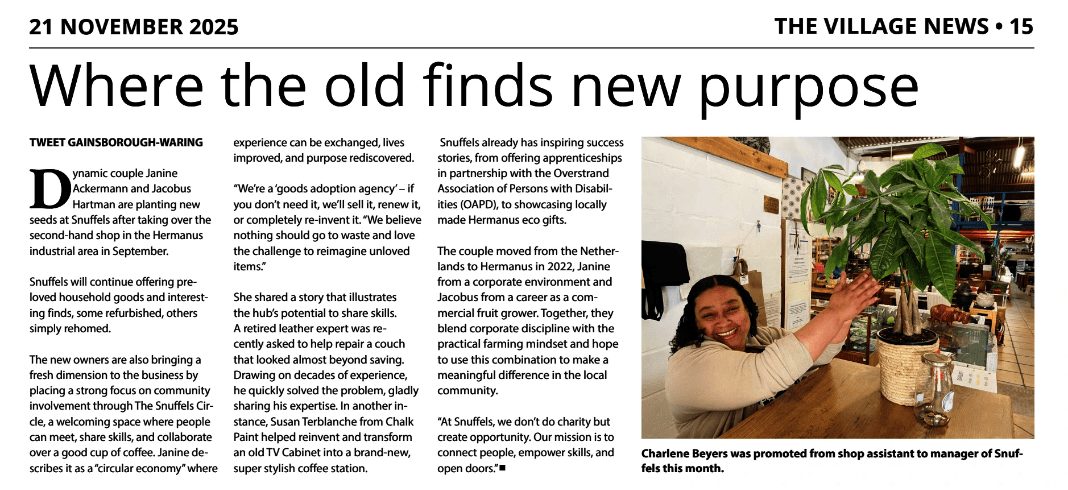 Village News Article - 21 Nov 2025 - Snuffels Discover how Janine and Jake are transforming Snuffels into a "goods adoption agency" focused on community, circular economy, and re-loved treasures.