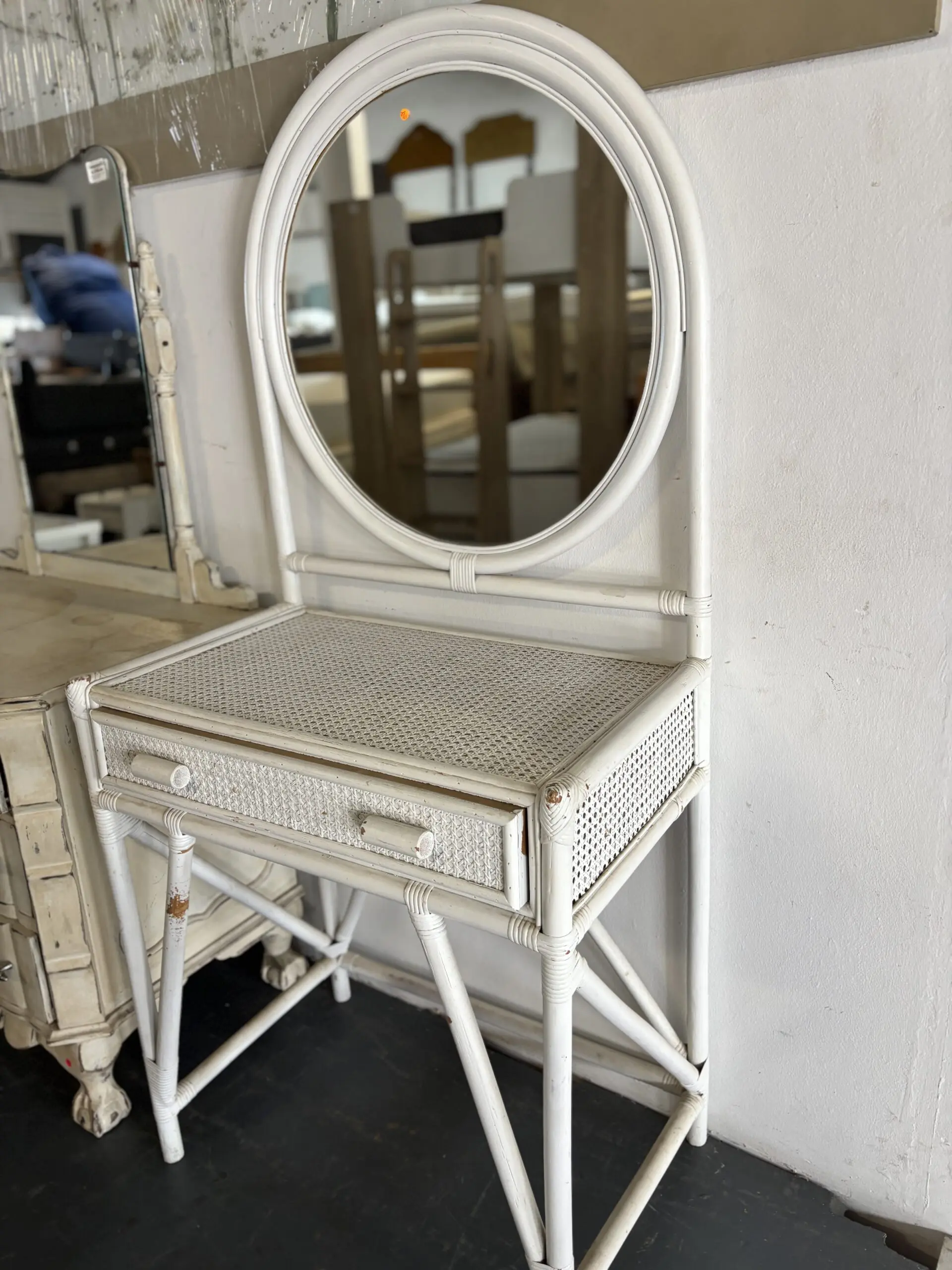 White Painted Rattan & Cane Vanity Table with Oval Mirror - Image 2