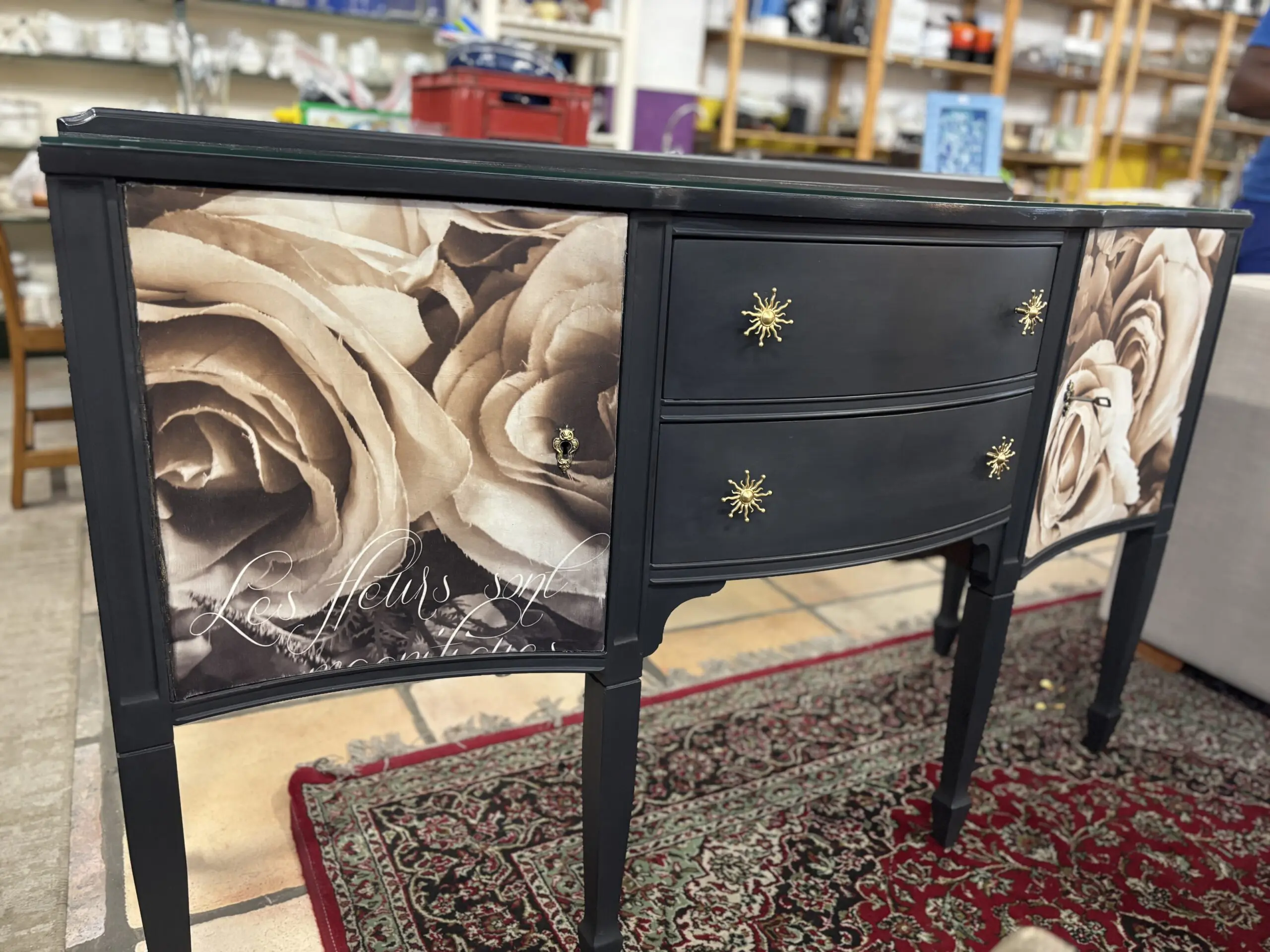 Elegant Upcycled Curved Sideboard with Rose Motif Doors - Image 2