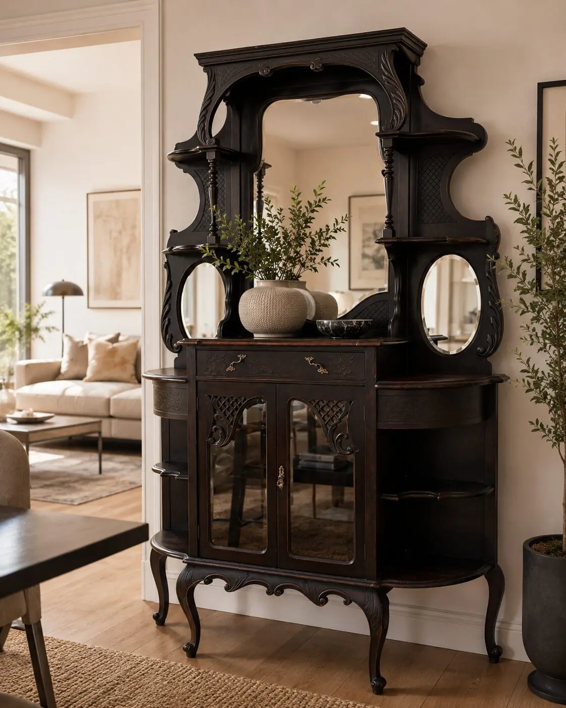 Edwardian / Late Victorian Display Cabinet with Mirror Back