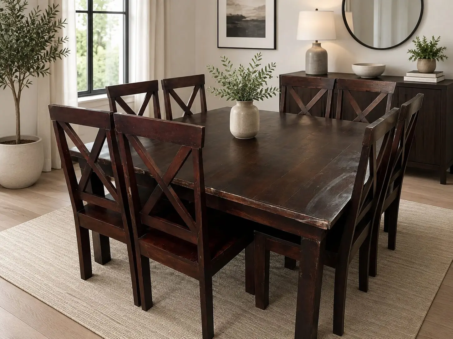 Solid Dark Wood Square Table 8-Seater Dining Suite