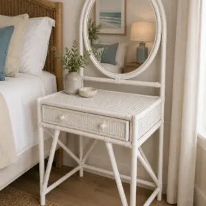 White Painted Rattan & Cane Vanity Table with Oval Mirror