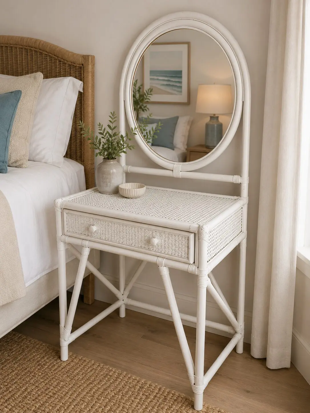 White Painted Rattan & Cane Vanity Table with Oval Mirror