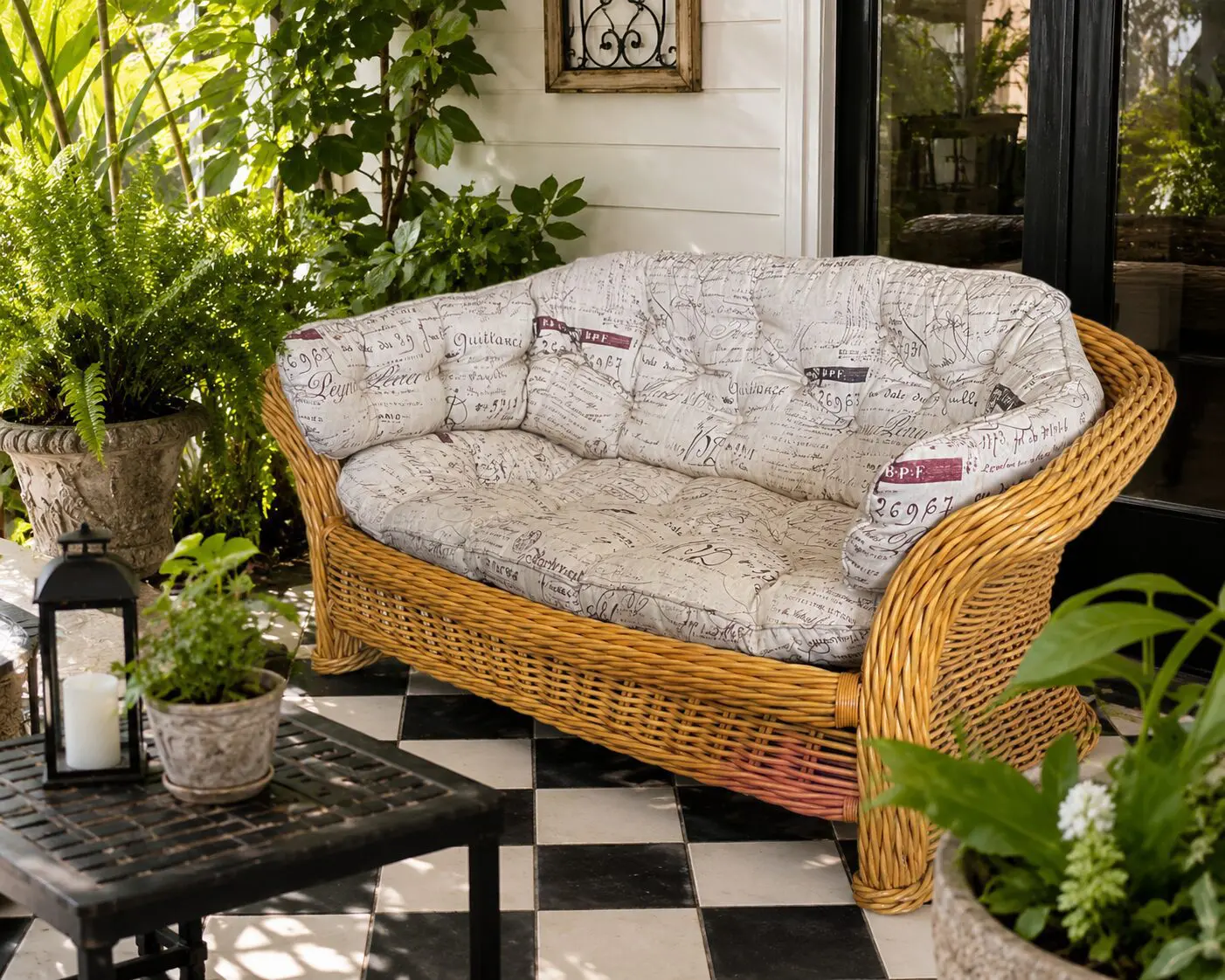 Contemporary Wicker Loveseat with Deep Buttoned Cushion
