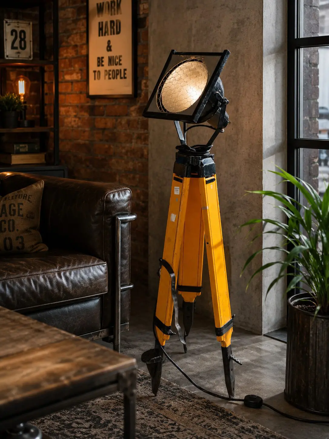 AI Visualisation of Vintage Industrial Surveyor's Tripod Floor Lamp