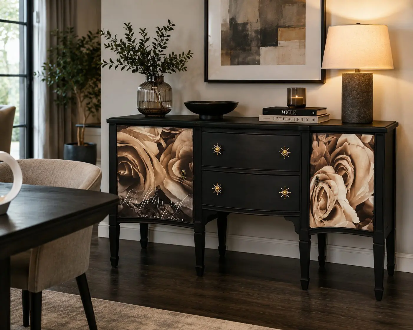 Elegant Upcycled Curved Sideboard with Rose Motif Doors