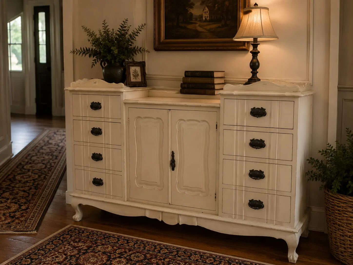Vintage Painted Imbuia Sideboard with 8 Drawers & Key