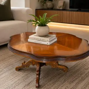 Decorative Oval Inlaid Coffee Table on Carved Pedestal Base