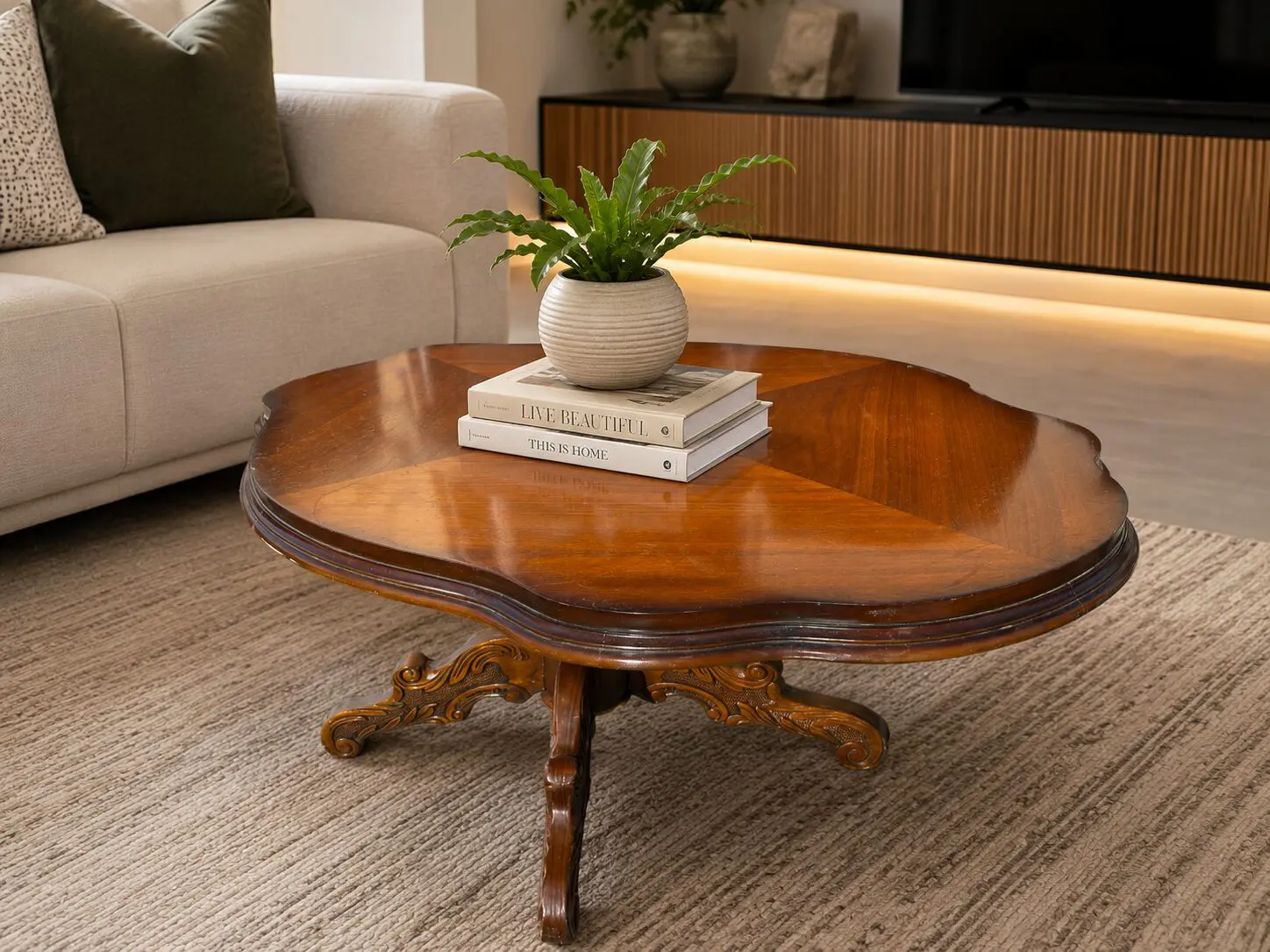 Decorative Oval Inlaid Coffee Table on Carved Pedestal Base