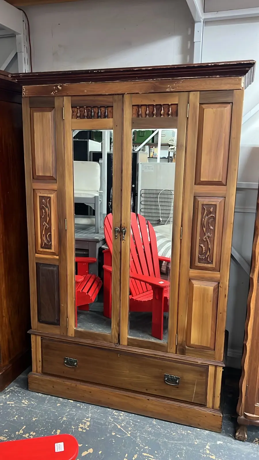 Rustic Pine & Mirror Double Door Wardrobe with Drawer - Image 2