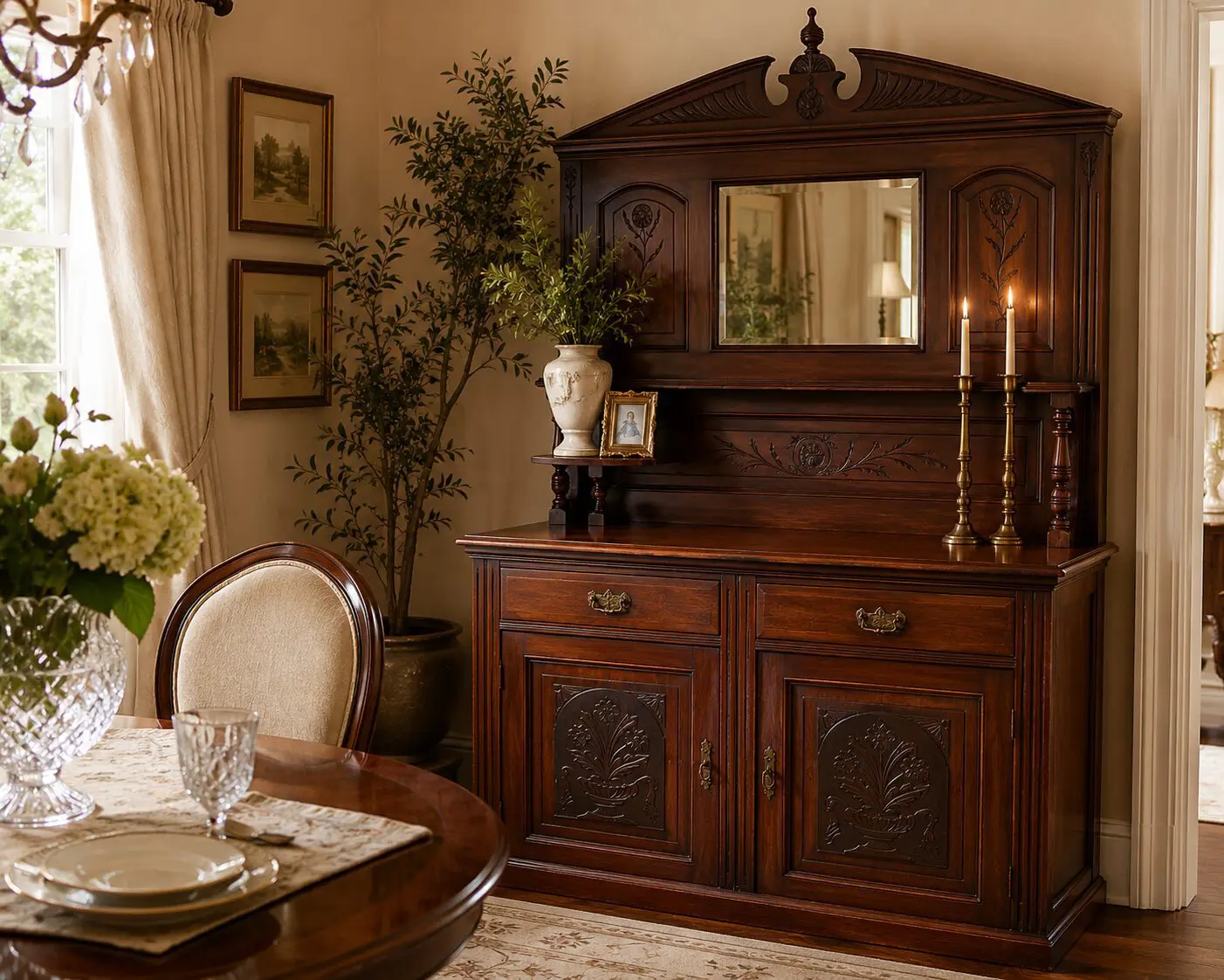 Antique Carved Solid Wood Sideboard - Mirror Back & Display Hutch