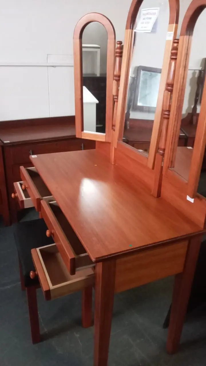 Solid Sapele Dressing Table with Triple Mirrors; Matching Stool - Image 2