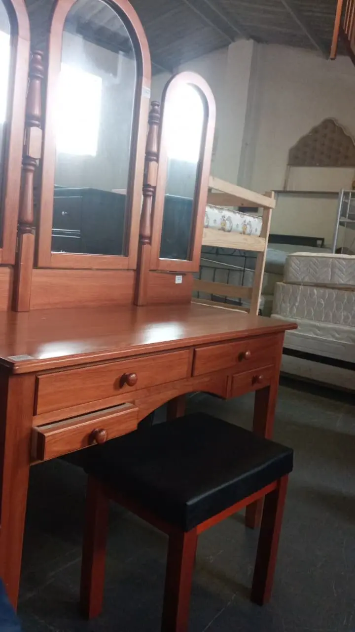 Solid Sapele Dressing Table with Triple Mirrors; Matching Stool - Image 3