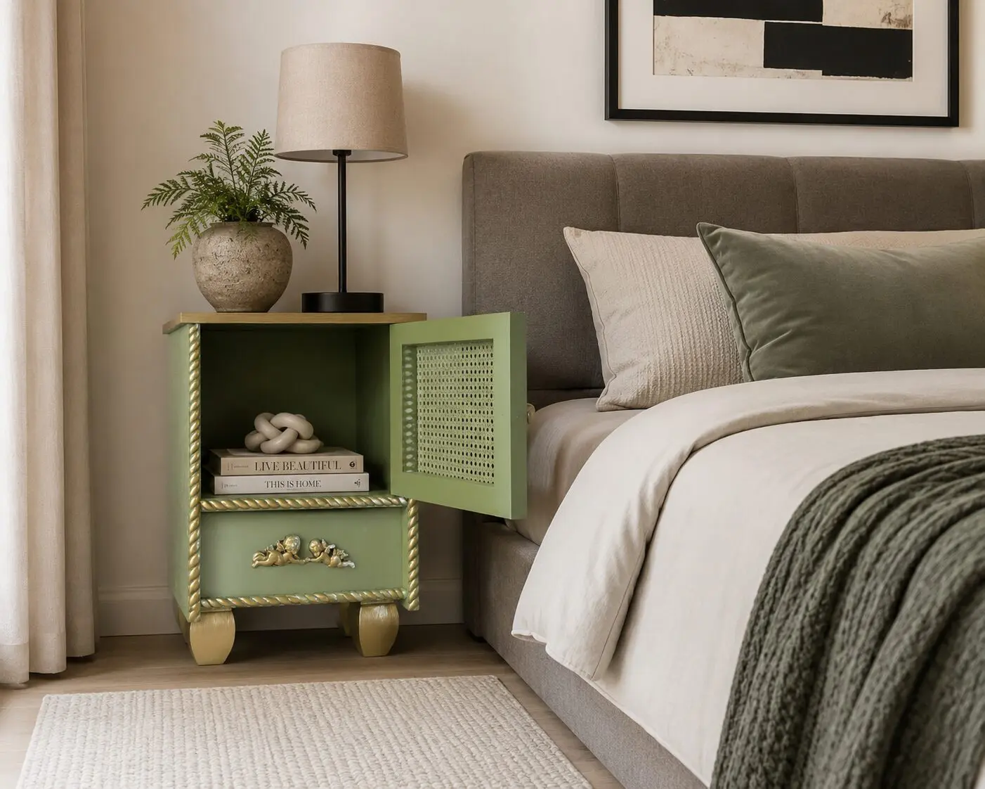 Mint Green Upcycled Cane Door Bedside Cabinet