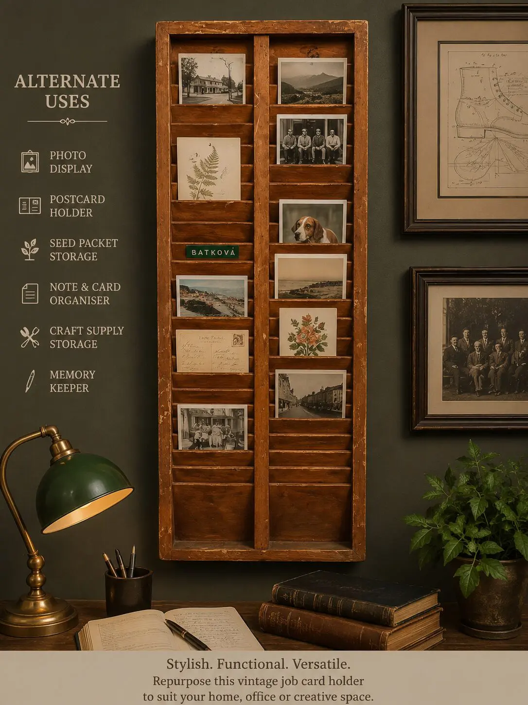 Vintage Wooden Job Card Holder Industrial Filing Rack