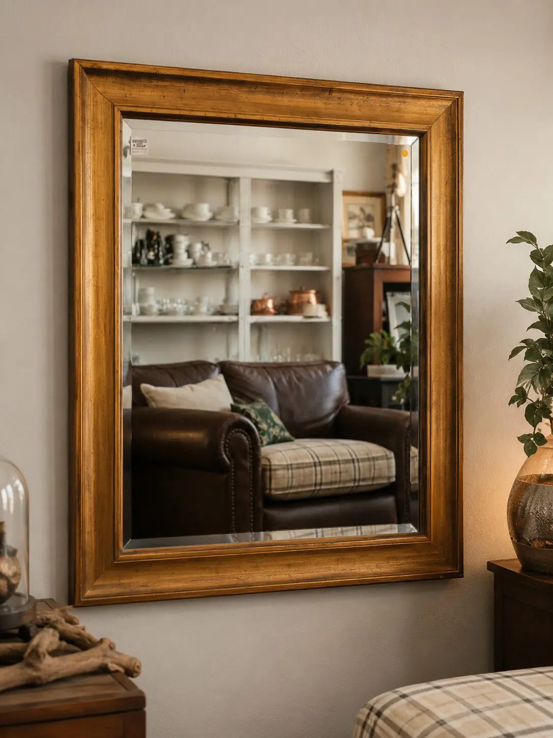 Large Vintage Bevelled Mirror in Gilt-Toned Wooden Frame