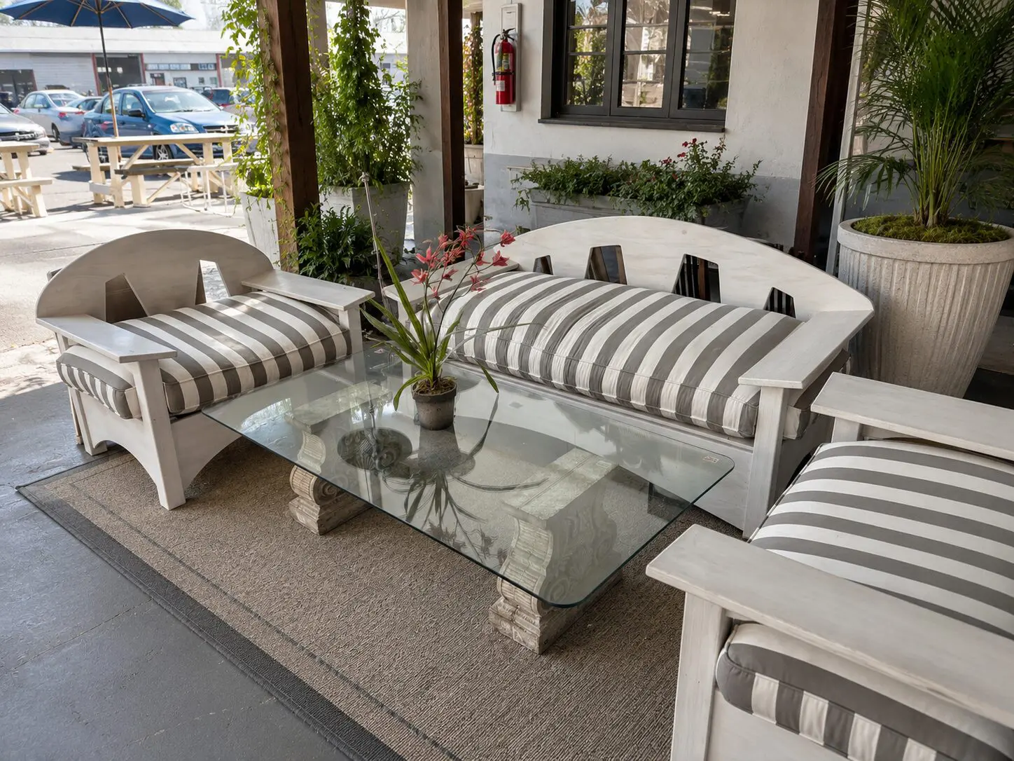 Whitewashed Patio Lounge Suite with Striped Cushions 3-Piece - Image 3