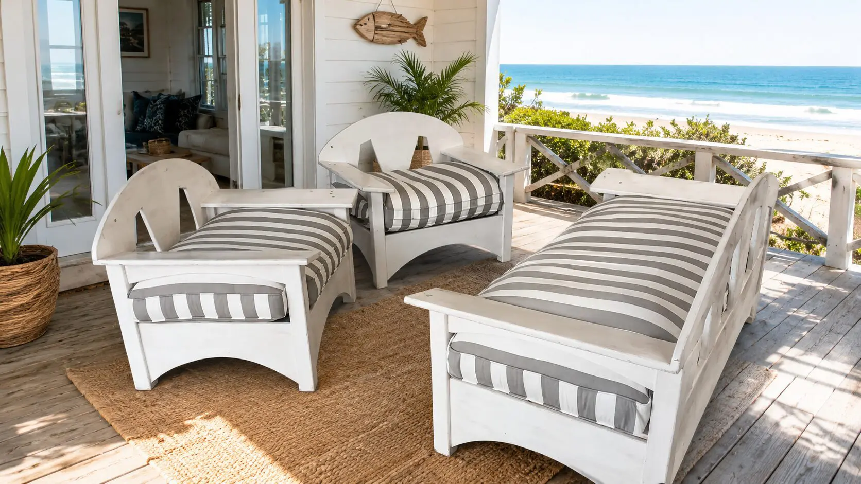 Whitewashed Patio Lounge Suite with Striped Cushions 3-Piece