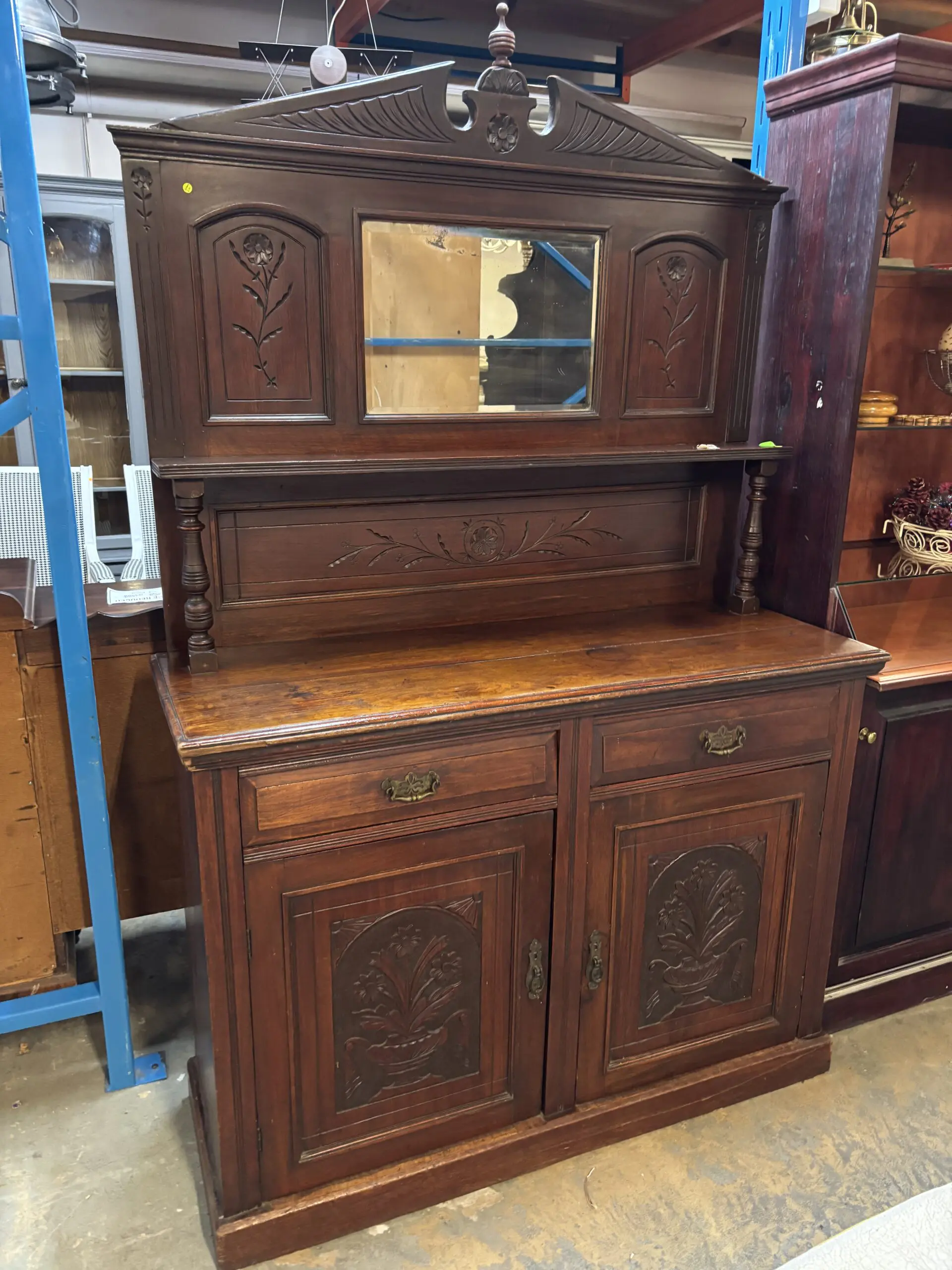 Antique Carved Solid Wood Sideboard - Mirror Back & Display Hutch - Image 2