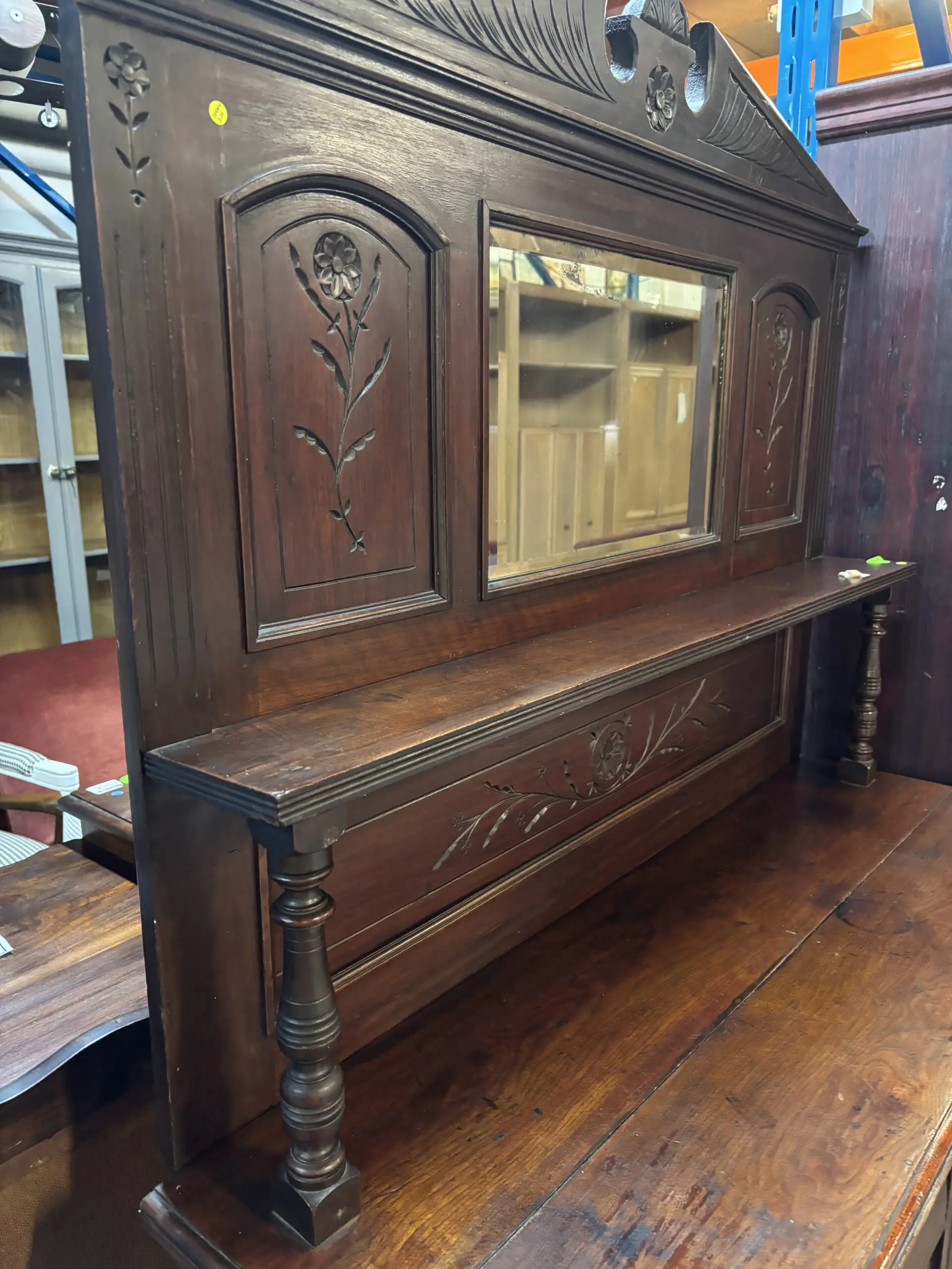 Antique Carved Solid Wood Sideboard - Mirror Back & Display Hutch - Image 4