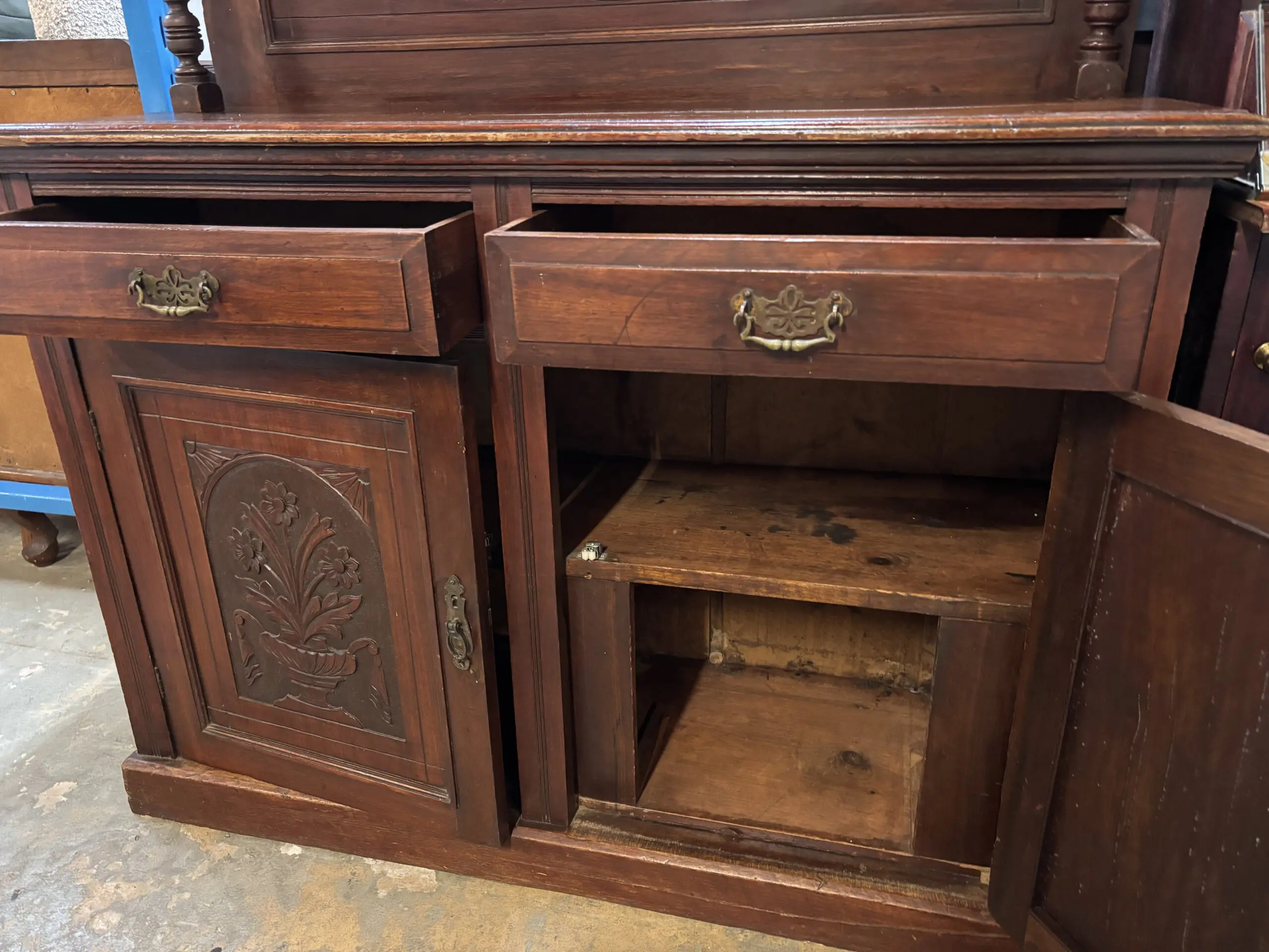 Antique Carved Solid Wood Sideboard - Mirror Back & Display Hutch - Image 6
