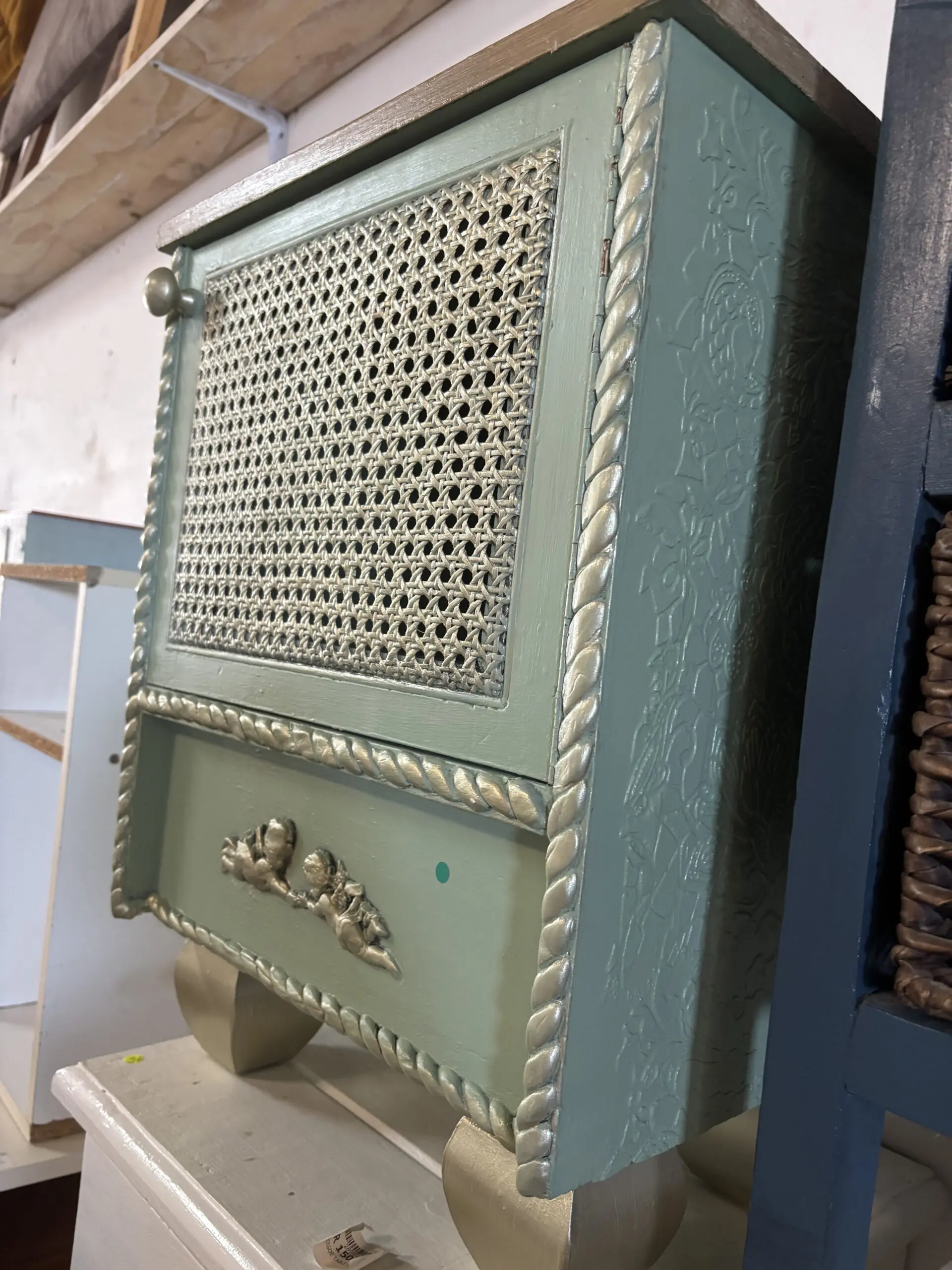 Mint Green Upcycled Cane Door Bedside Cabinet - Image 2
