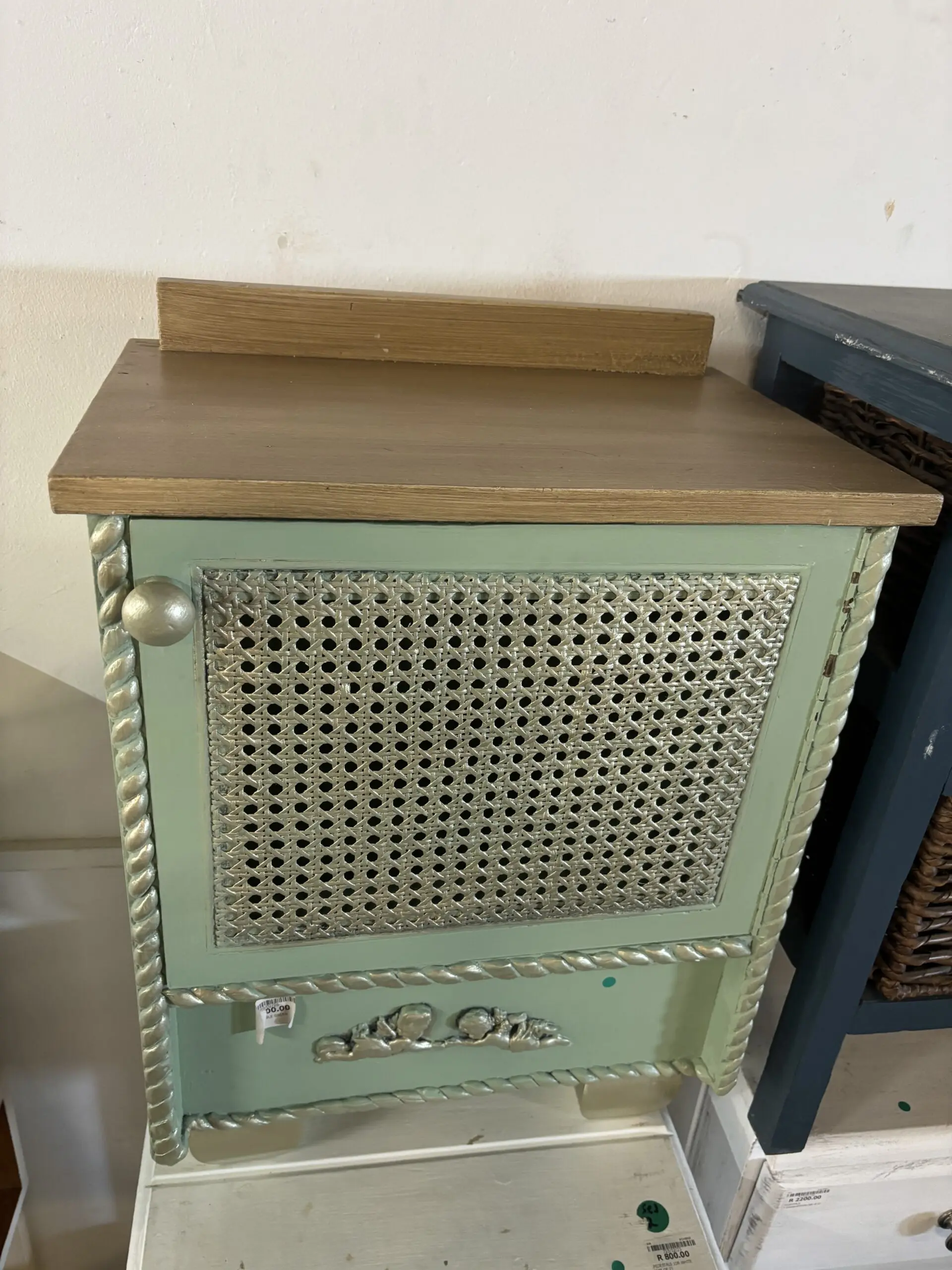 Mint Green Upcycled Cane Door Bedside Cabinet - Image 4