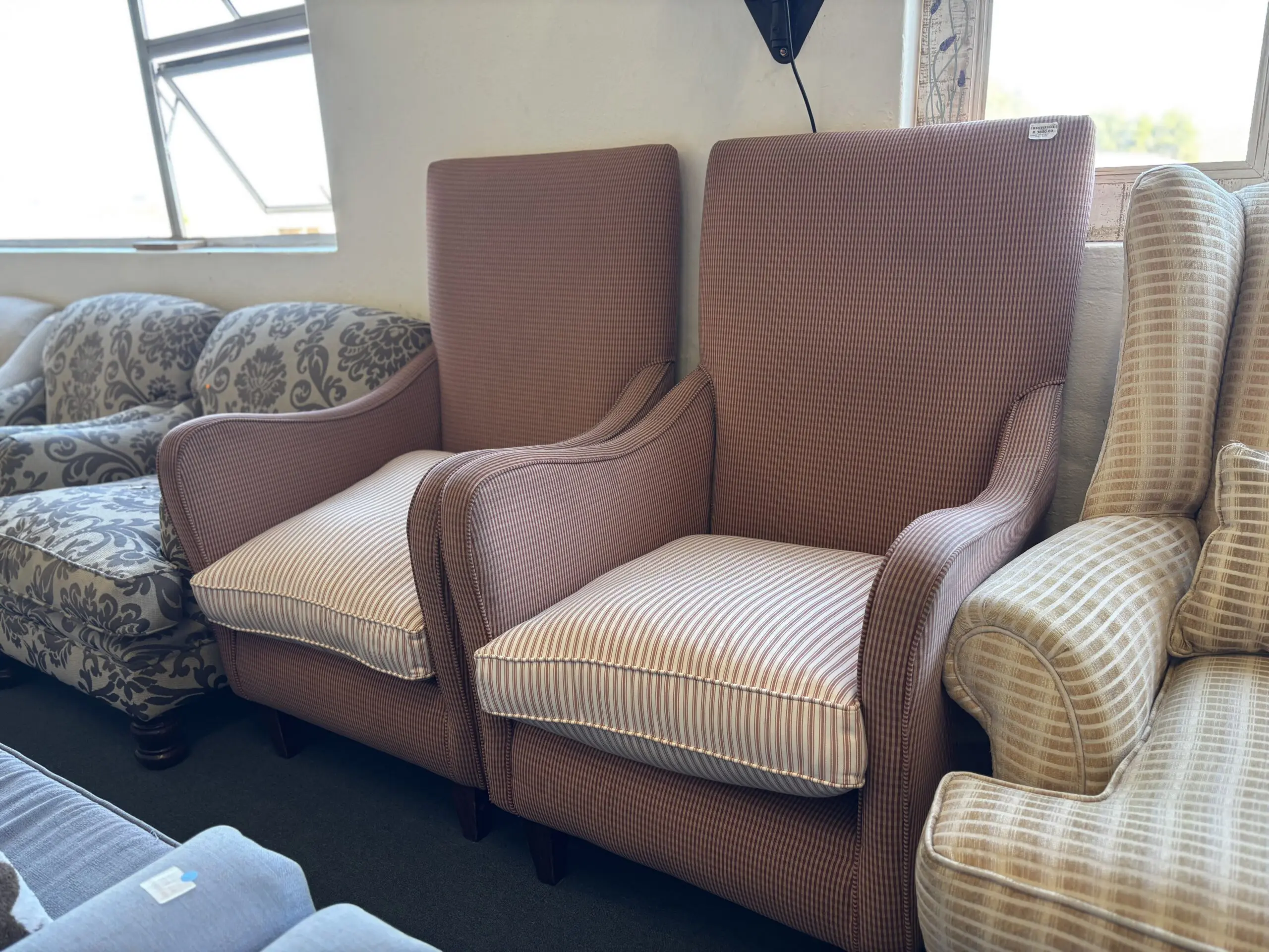 High-Back Red & Cream Striped Armchairs with Cushions - Image 4