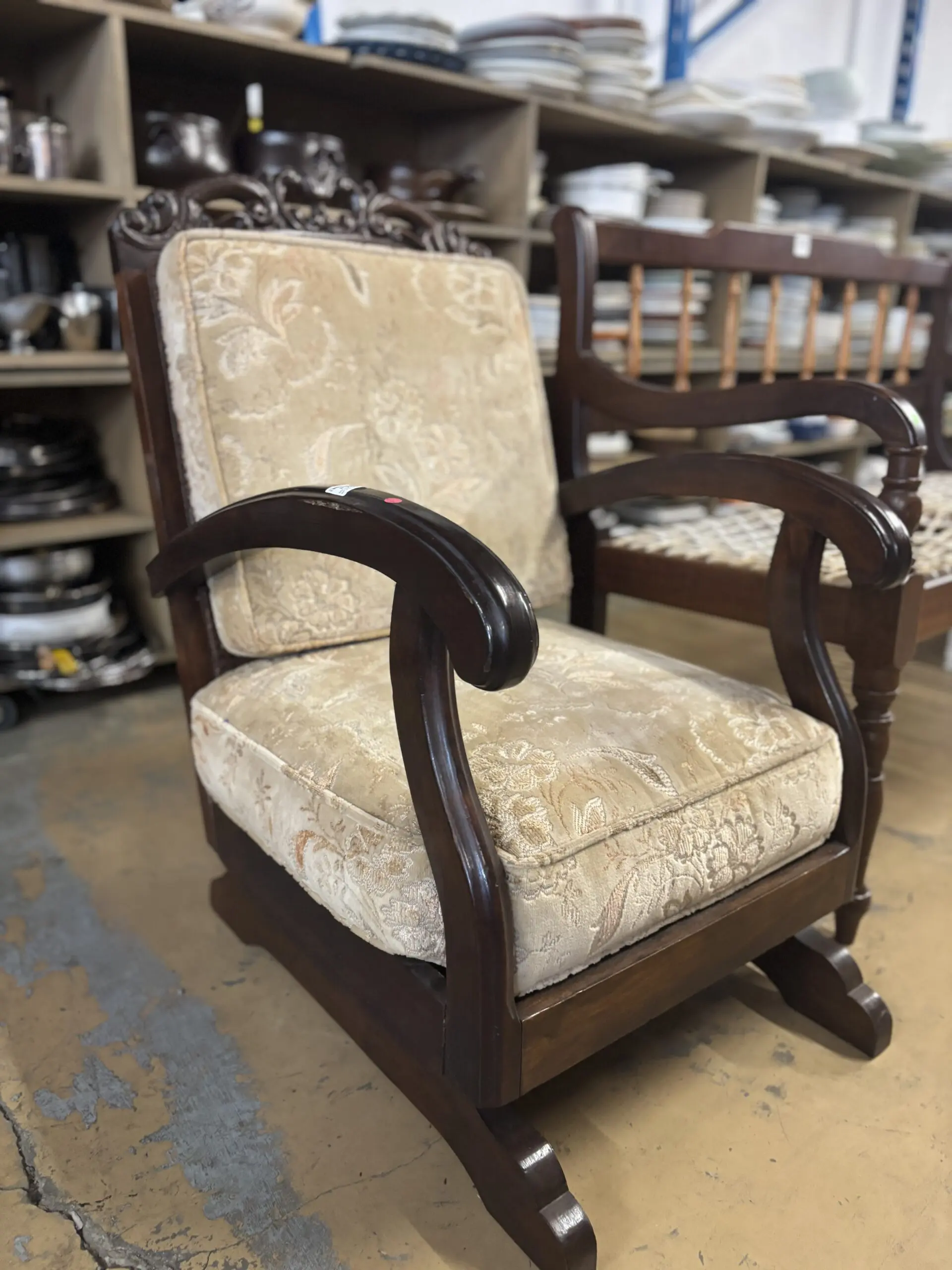 Vintage Imbuia Cane-Back Rocking Armchair with Cushions - Image 5
