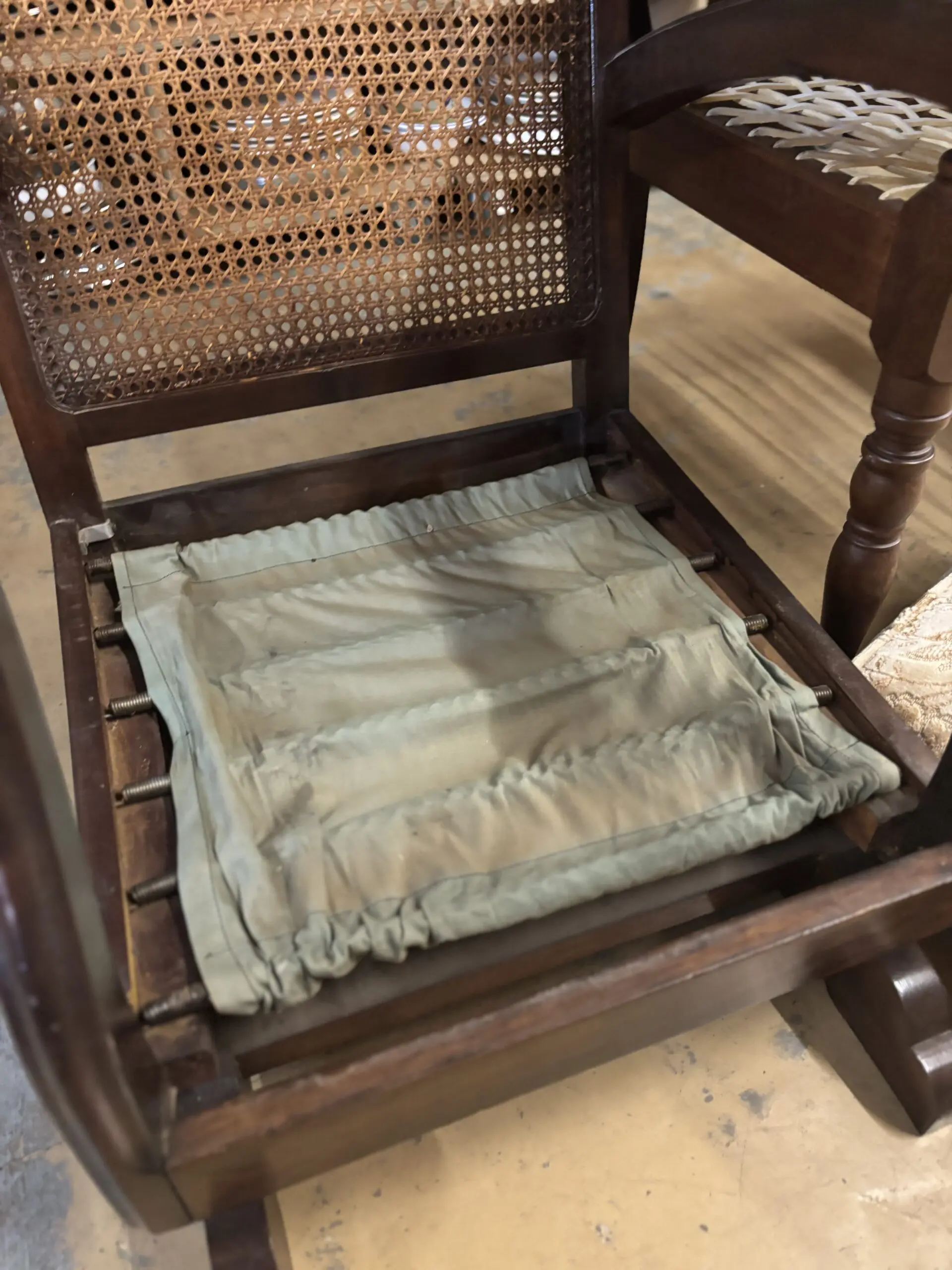 Vintage Imbuia Cane-Back Rocking Armchair with Cushions - Image 3