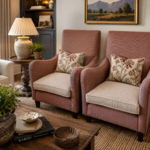 High-Back Red & Cream Striped Armchairs with Cushions