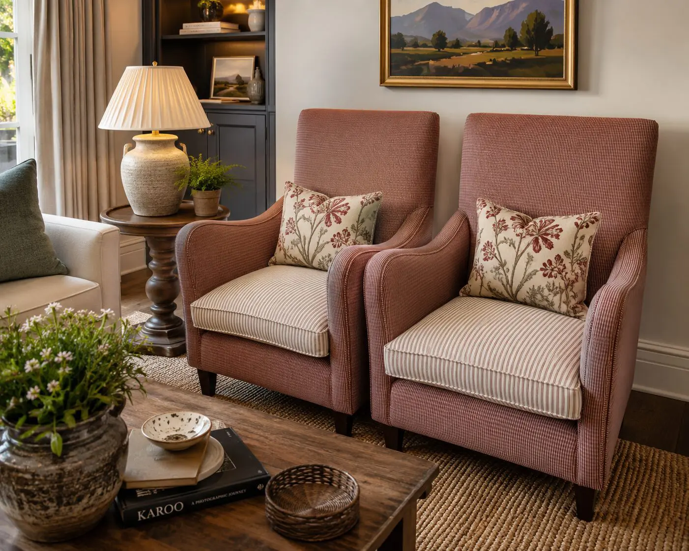 High-Back Red & Cream Striped Armchairs with Cushions