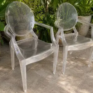 Pair of Clear Acrylic Ghost Carver Chairs with Oval Backs