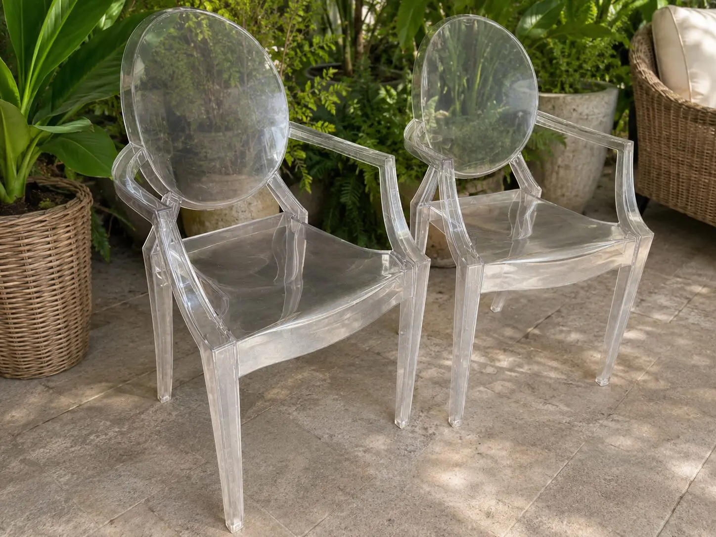 Pair of Clear Acrylic Ghost Carver Chairs with Oval Backs