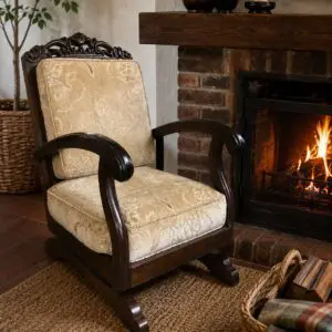 Vintage Imbuia Cane-Back Rocking Armchair with Cushions