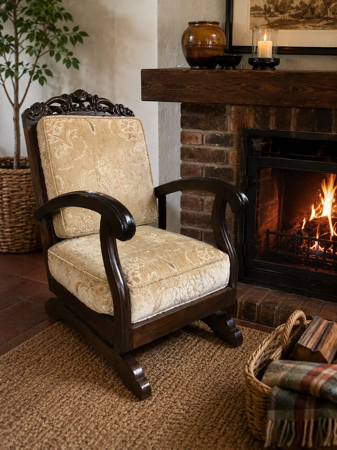Vintage Imbuia Cane-Back Rocking Armchair with Cushions