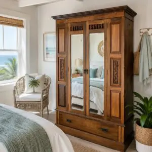 Rustic Pine & Mirror Double Door Wardrobe with Drawer