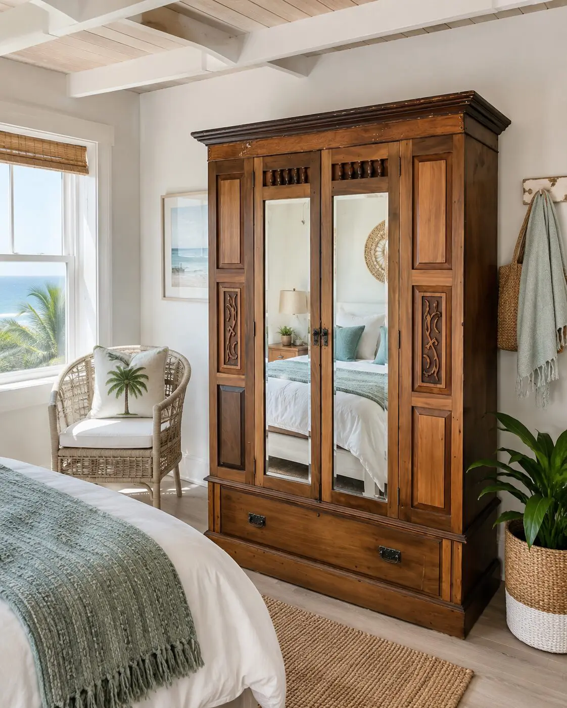 Rustic Pine & Mirror Double Door Wardrobe with Drawer
