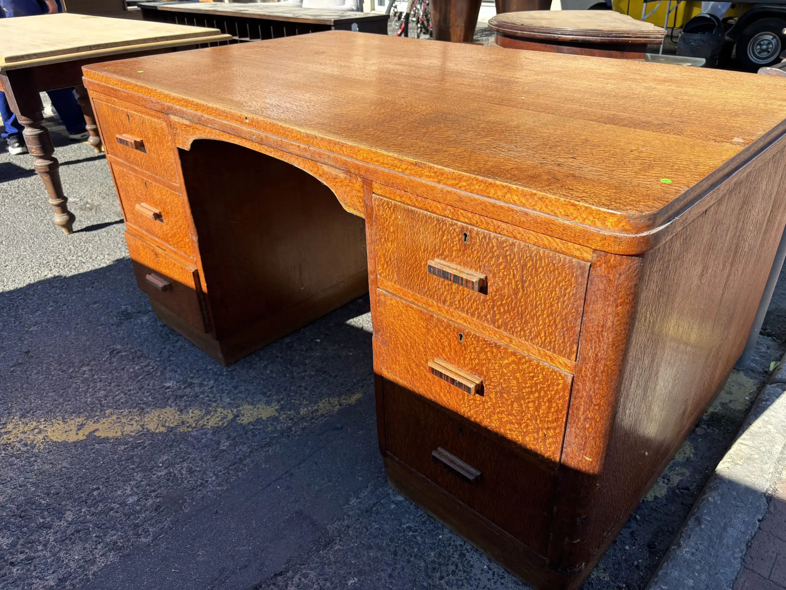 Vintage Tiger Oak Pedestal Desk with Hidden Door (missing key) - Image 3