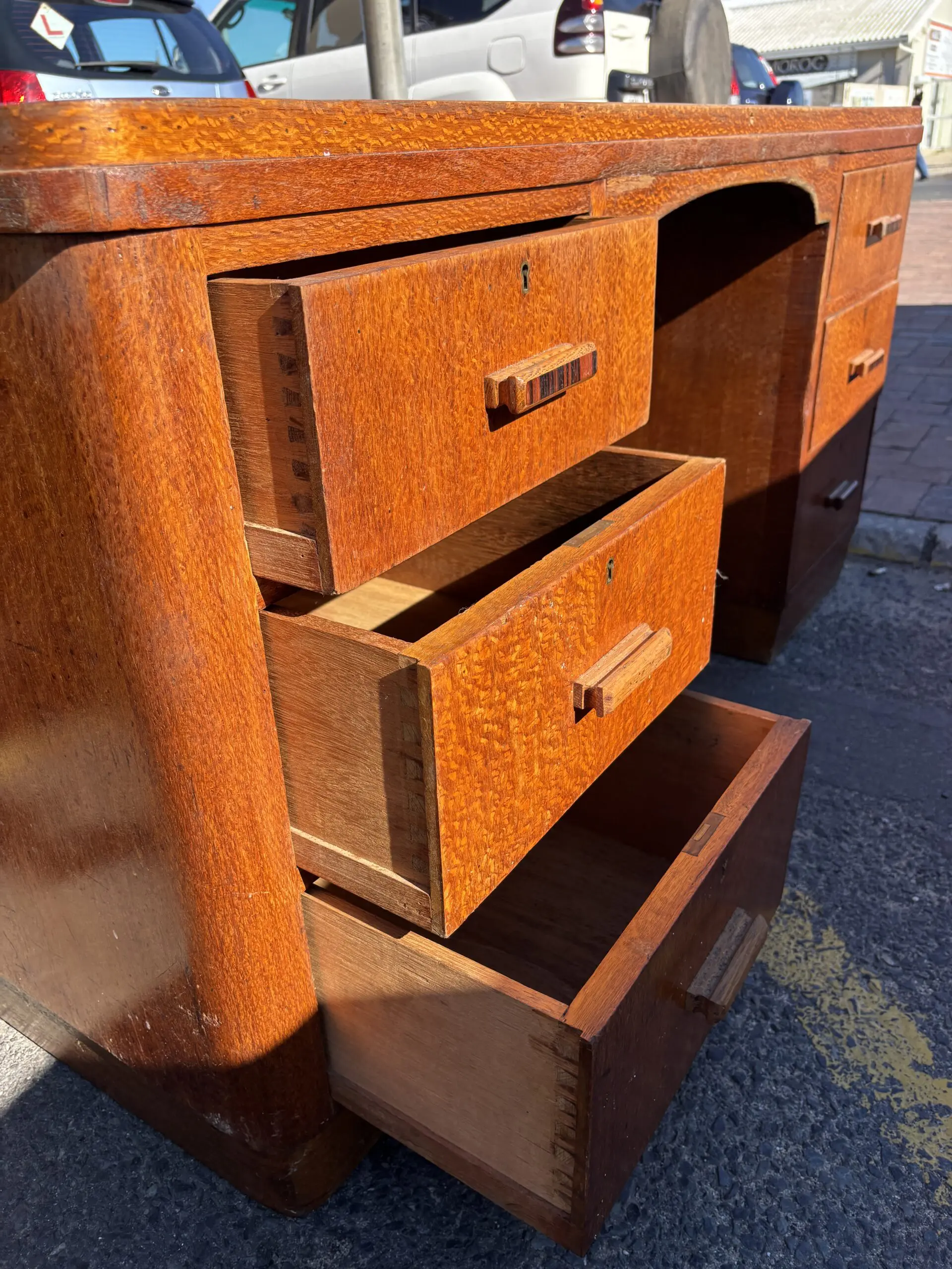 Vintage Tiger Oak Pedestal Desk with Hidden Door (missing key) - Image 4