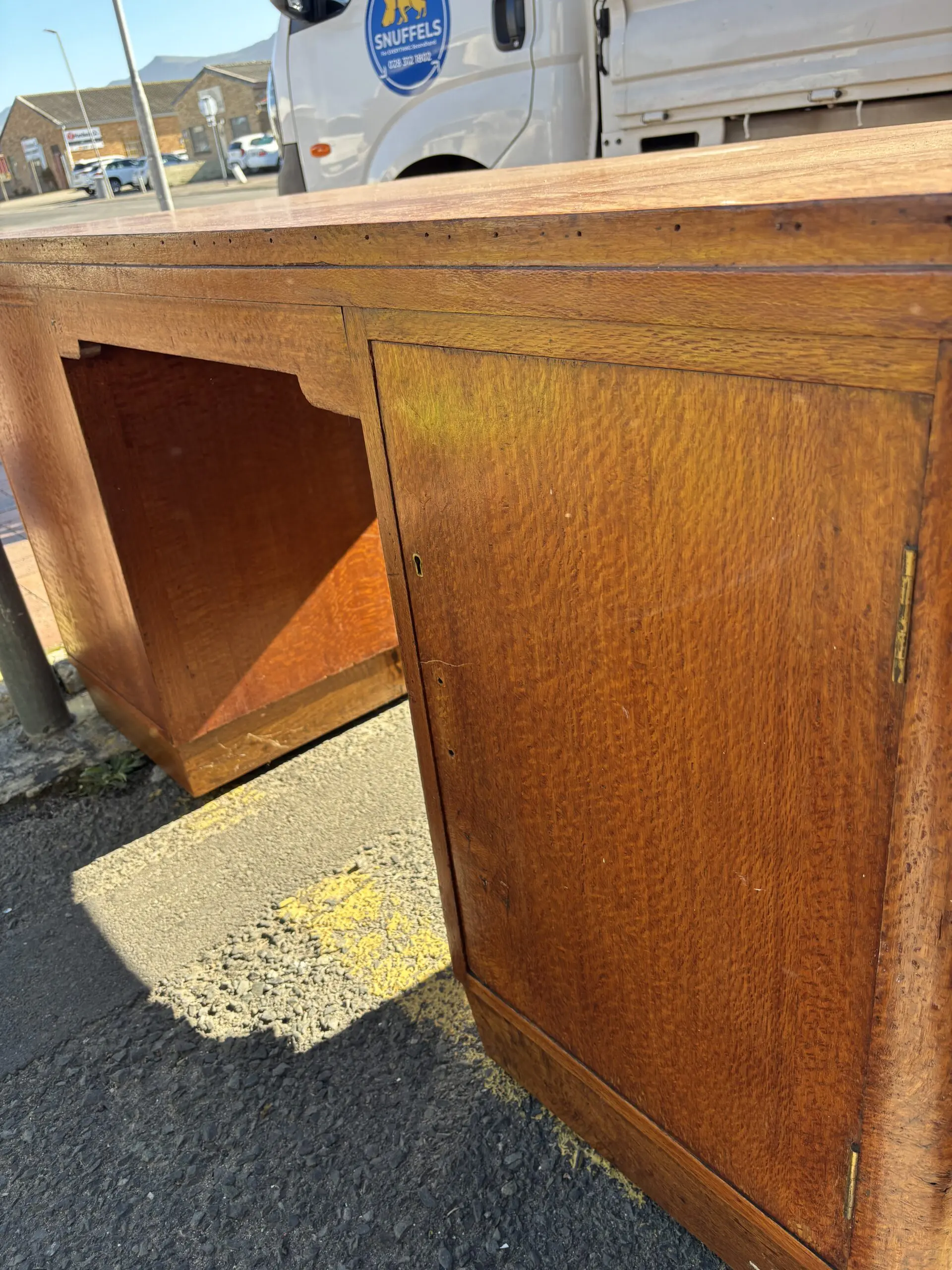 Vintage Tiger Oak Pedestal Desk with Hidden Door (missing key) - Image 6