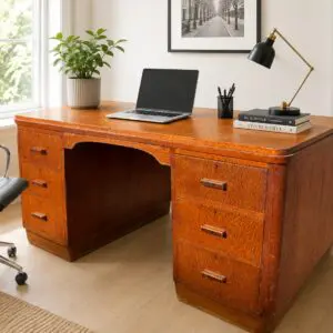 Vintage Tiger Oak Pedestal Desk with Hidden Door (missing key)