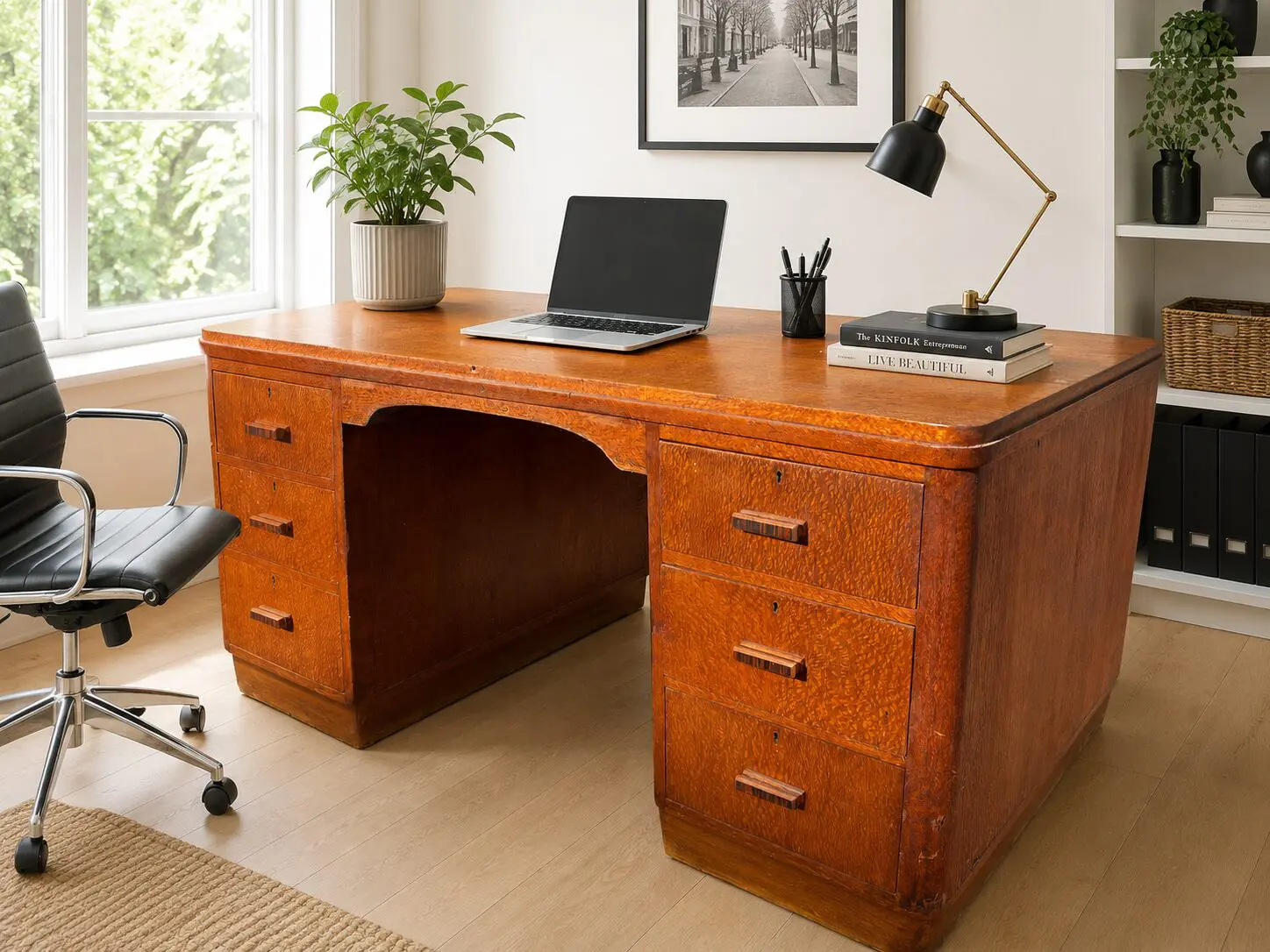 Vintage Tiger Oak Pedestal Desk with Hidden Door (missing key)