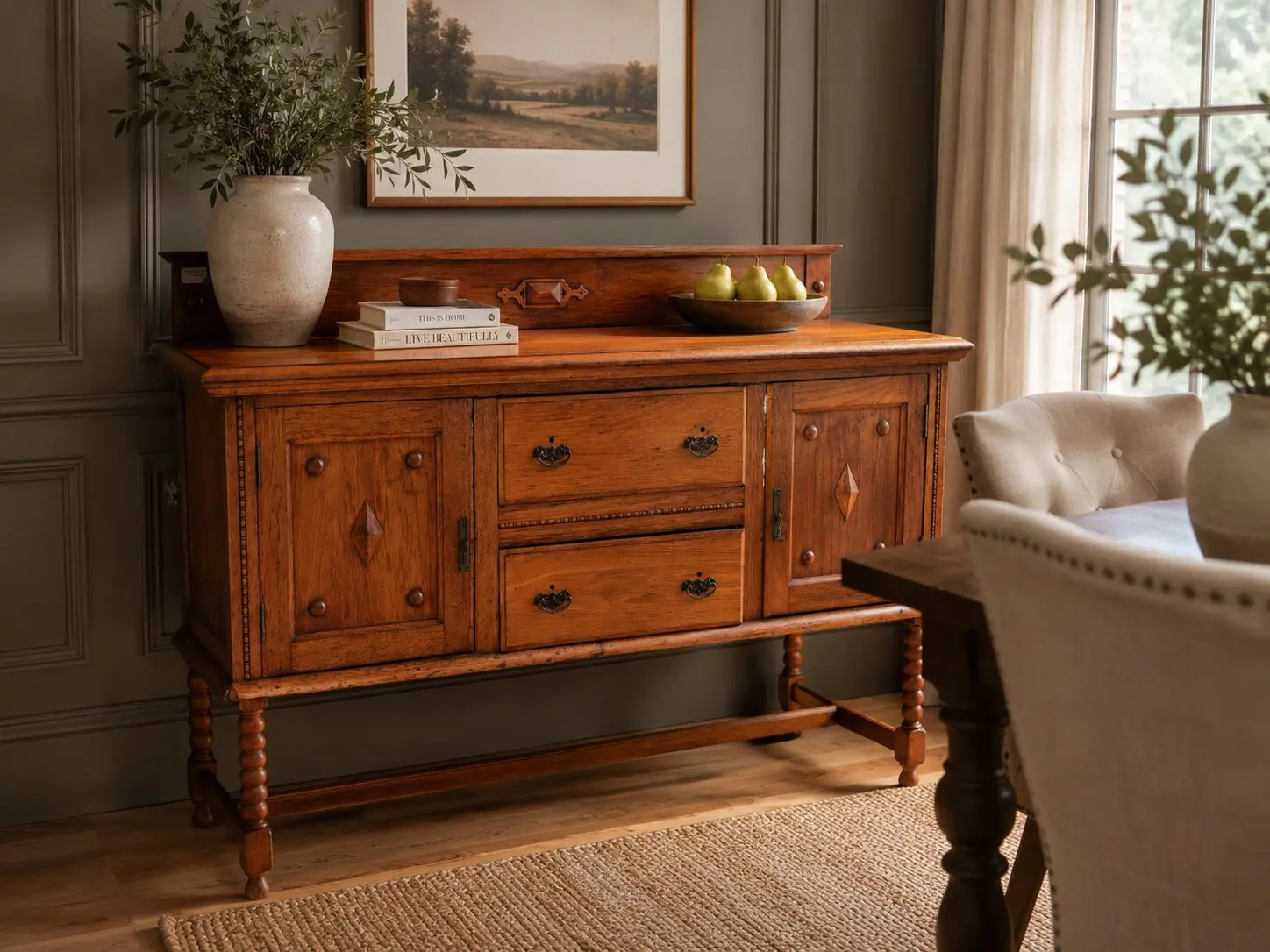 Vintage Teak Sideboard with Turned Legs & Gallery Back Rail