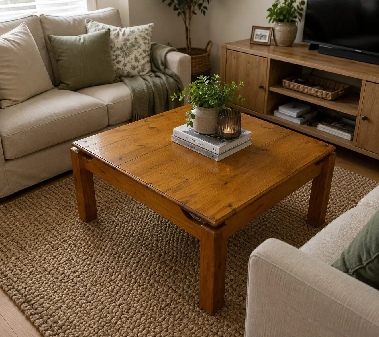 Rustic Solid Pine Square Coffee Table with Tray-Style Top