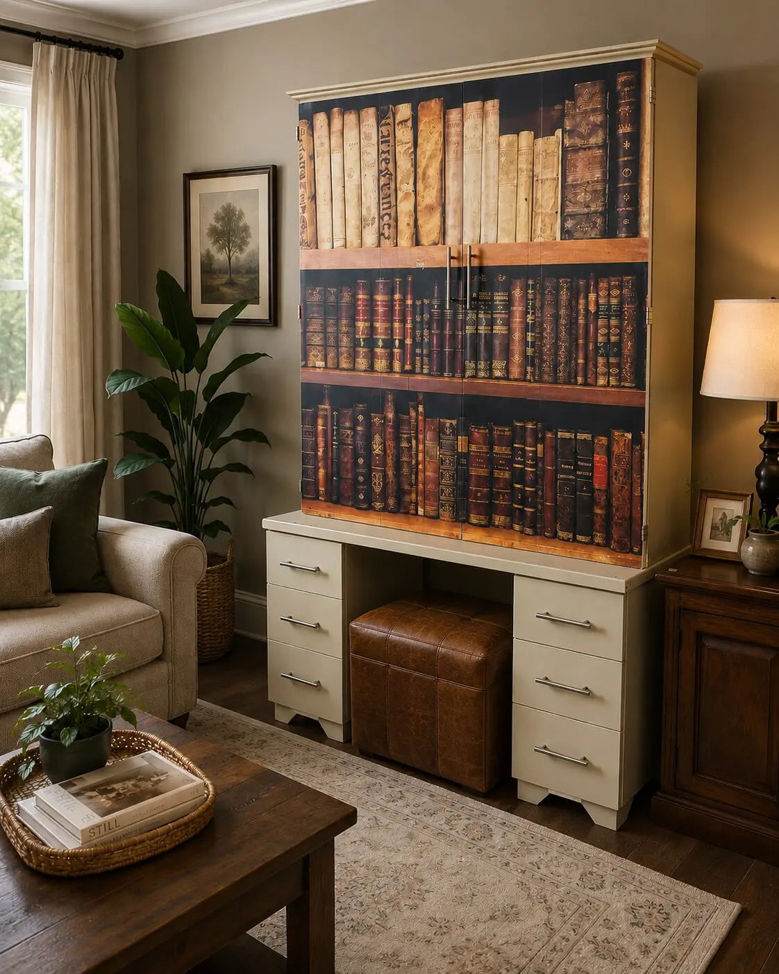 Upcycled Library-Themed Computer Armoire Desk with Storage
