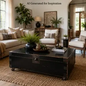 Black Oriental Style Coffee Table Storage Chest (wheels)