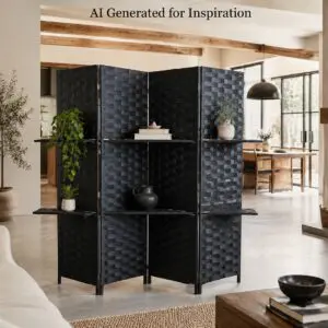 Black 4-Panel Room Divider with Display Shelves