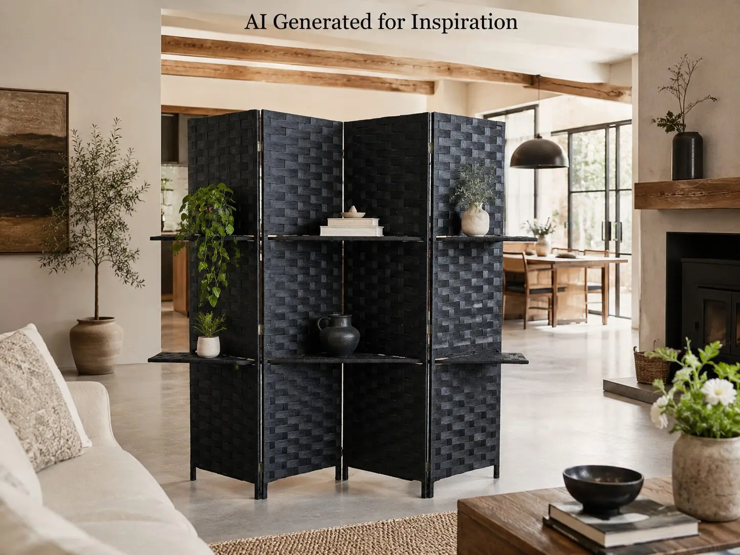 Black 4-Panel Room Divider with Display Shelves