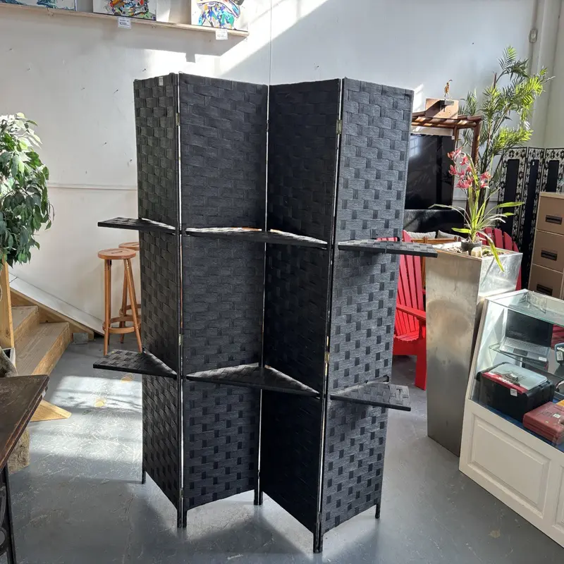 Black 4-Panel Room Divider with Display Shelves - Image 4